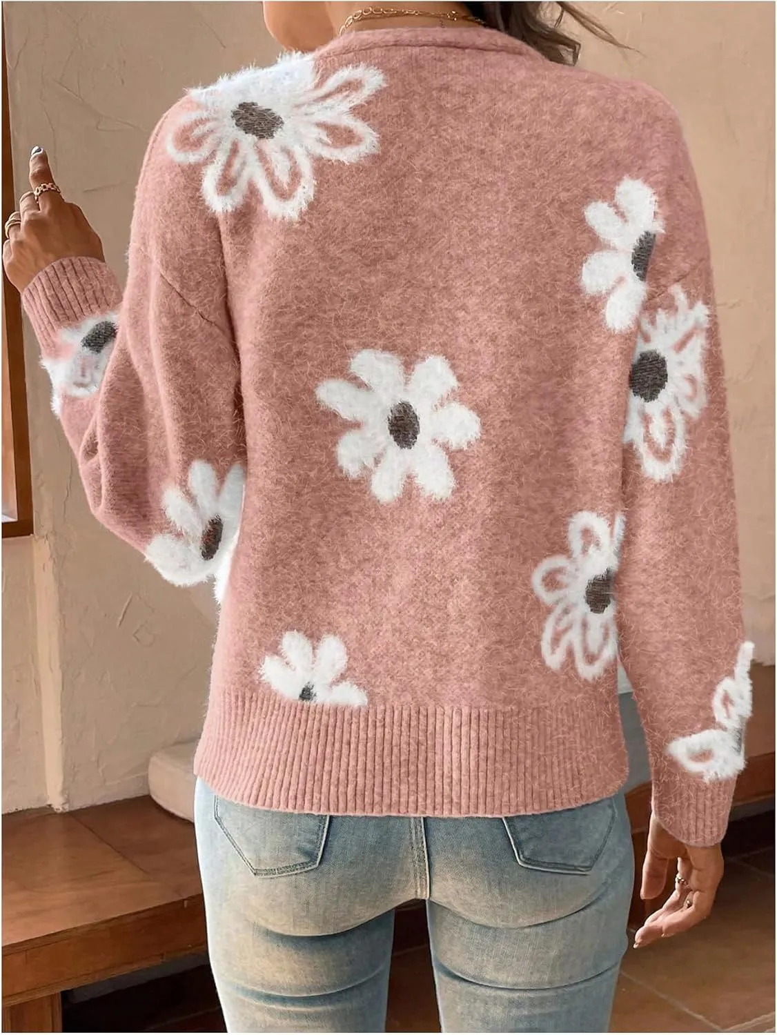 SHENHE Women's Floral Print Button Down Cardigan V Neck Drop Shoulder Knit Outerwear