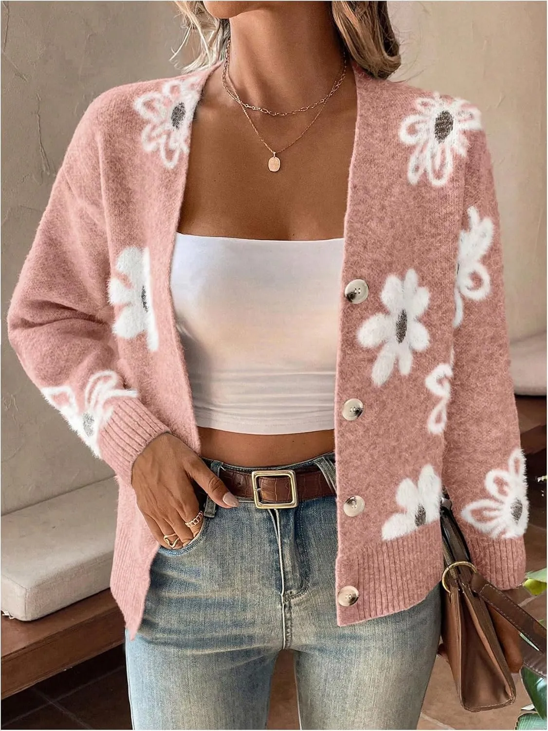 SHENHE Women's Floral Print Button Down Cardigan V Neck Drop Shoulder Knit Outerwear