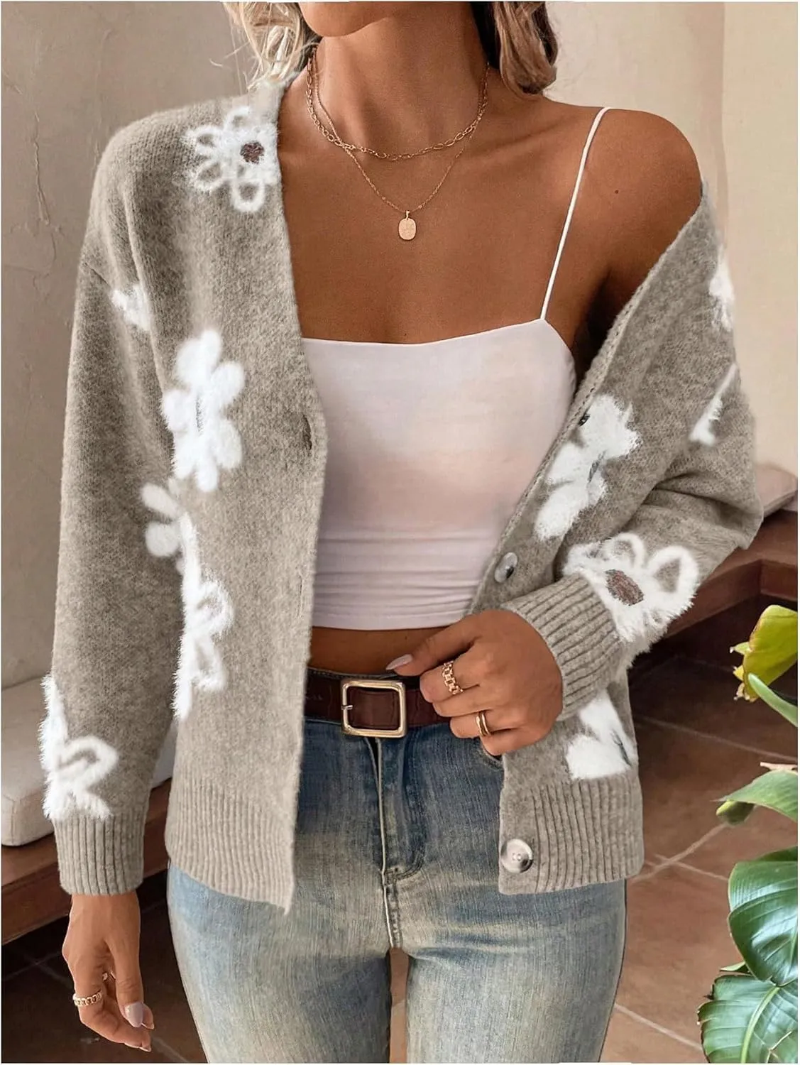 SHENHE Women's Floral Print Button Down Cardigan V Neck Drop Shoulder Knit Outerwear