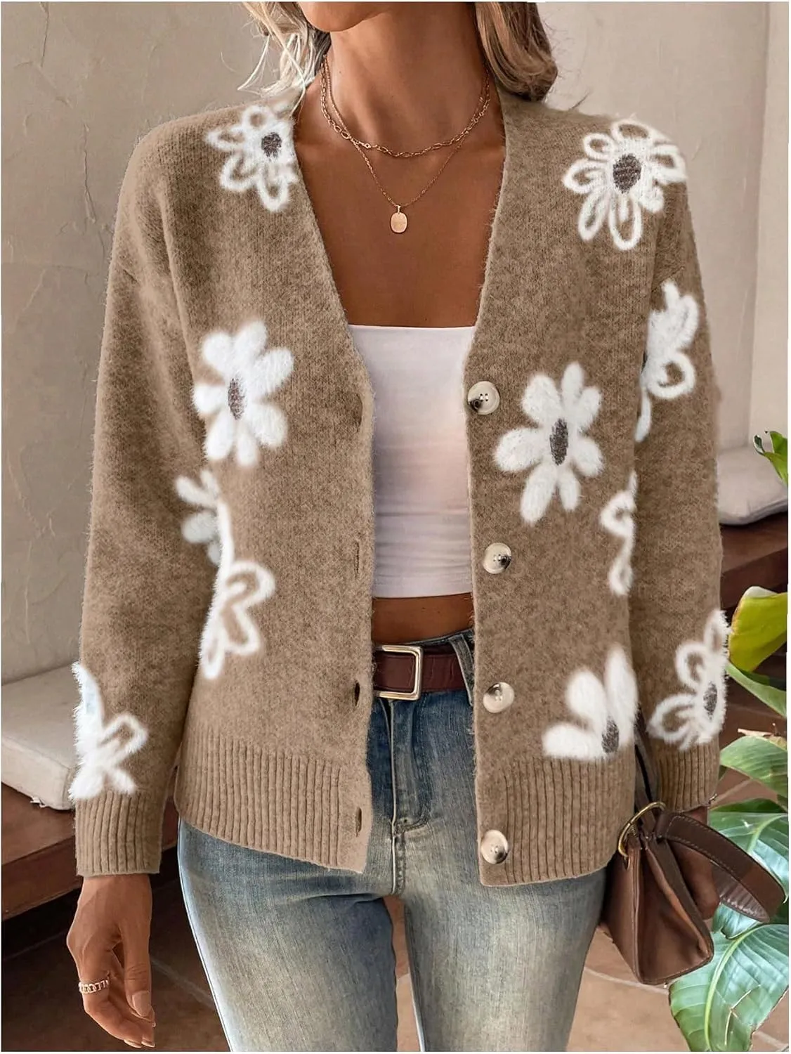 SHENHE Women's Floral Print Button Down Cardigan V Neck Drop Shoulder Knit Outerwear