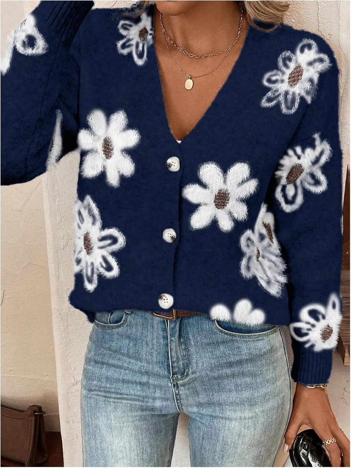 SHENHE Women's Floral Print Button Down Cardigan V Neck Drop Shoulder Knit Outerwear