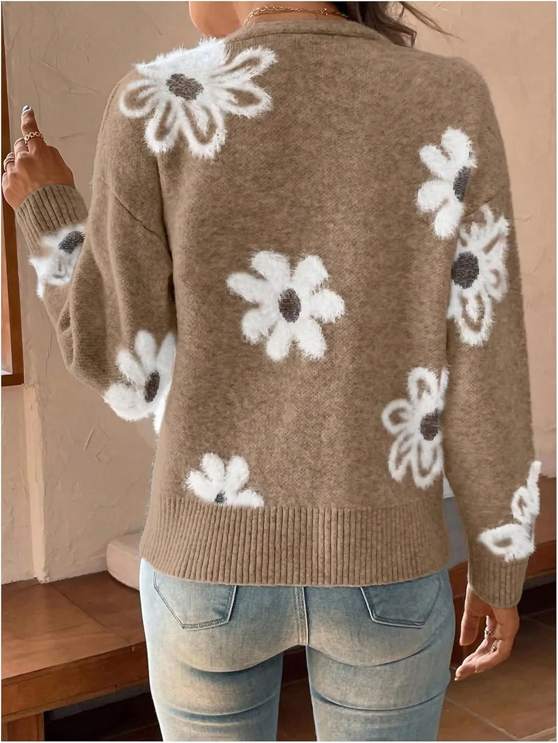 SHENHE Women's Floral Print Button Down Cardigan V Neck Drop Shoulder Knit Outerwear