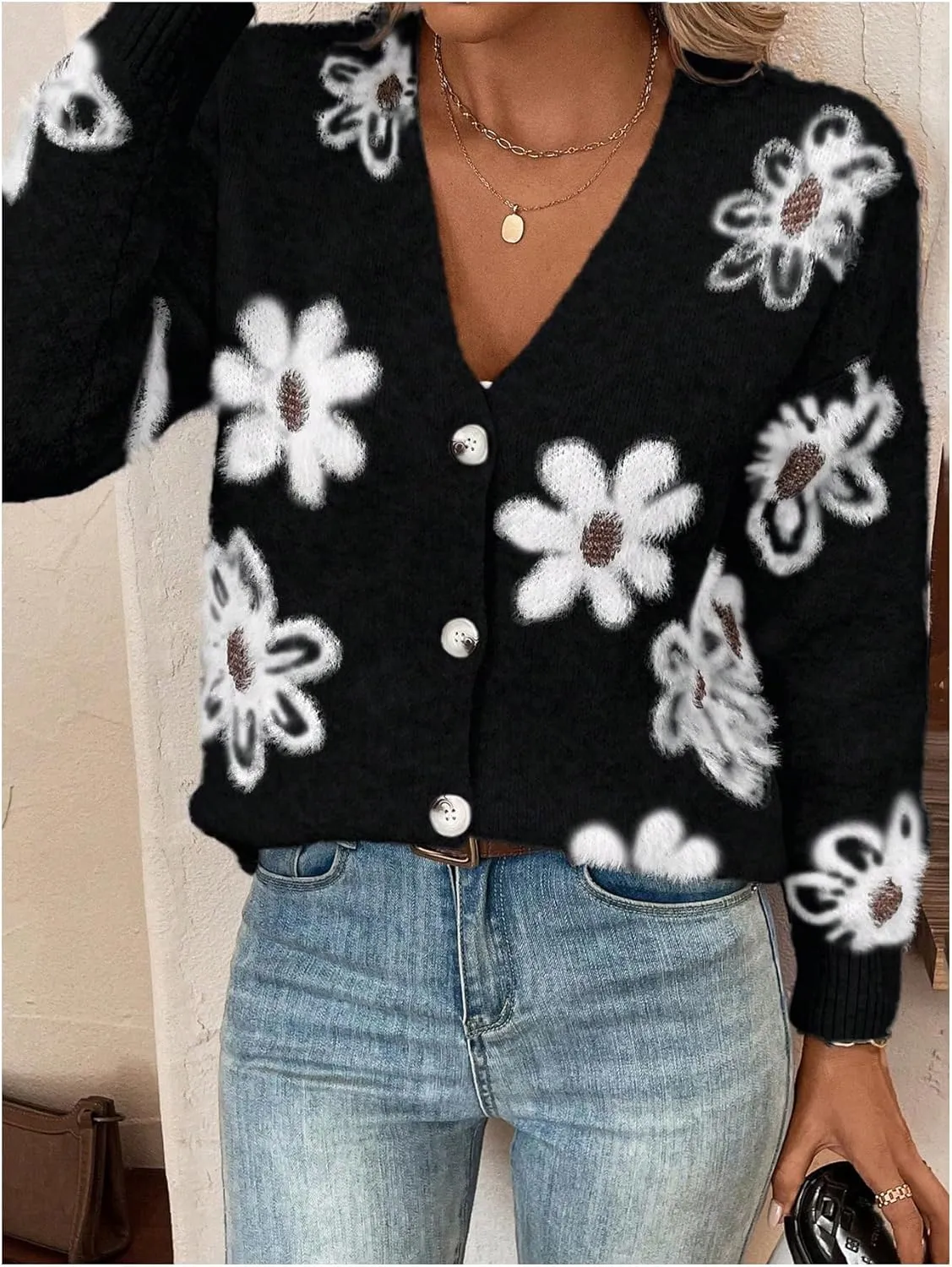 SHENHE Women's Floral Print Button Down Cardigan V Neck Drop Shoulder Knit Outerwear