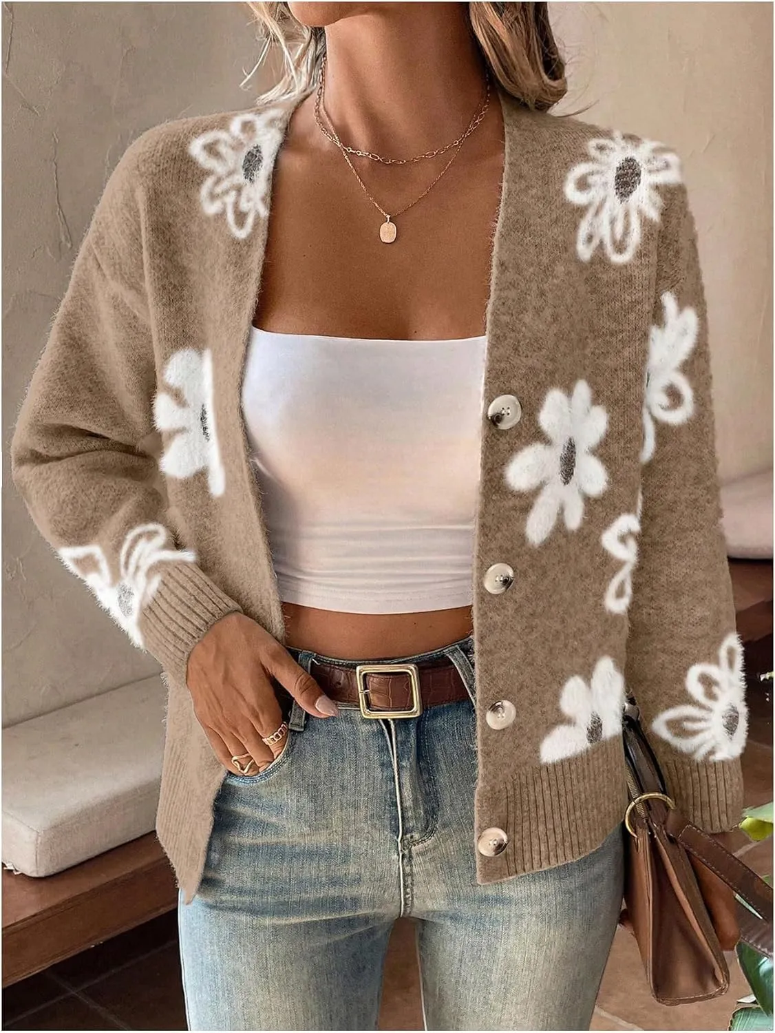 SHENHE Women's Floral Print Button Down Cardigan V Neck Drop Shoulder Knit Outerwear