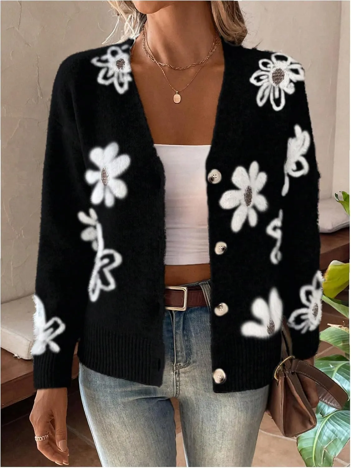 SHENHE Women's Floral Print Button Down Cardigan V Neck Drop Shoulder Knit Outerwear