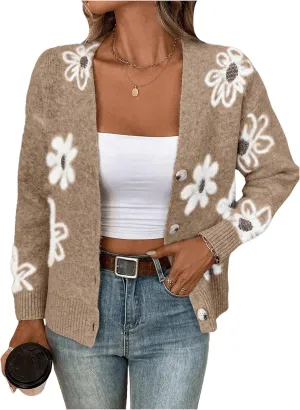 SHENHE Women's Floral Print Button Down Cardigan V Neck Drop Shoulder Knit Outerwear