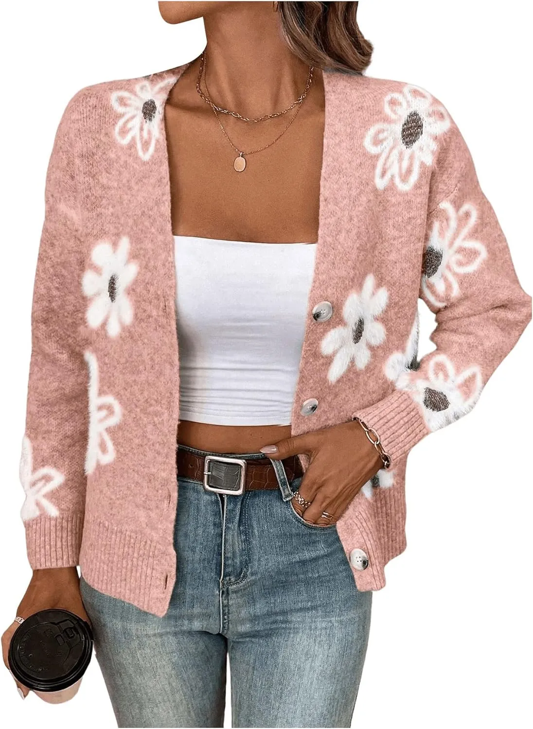 SHENHE Women's Floral Print Button Down Cardigan V Neck Drop Shoulder Knit Outerwear