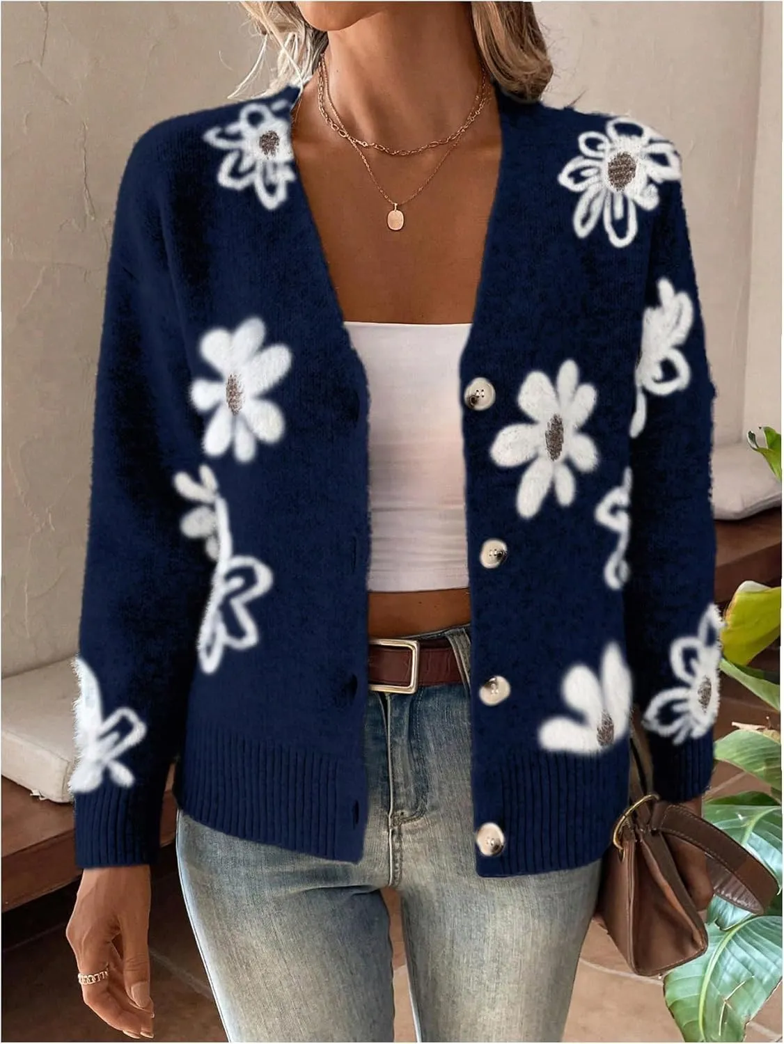 SHENHE Women's Floral Print Button Down Cardigan V Neck Drop Shoulder Knit Outerwear