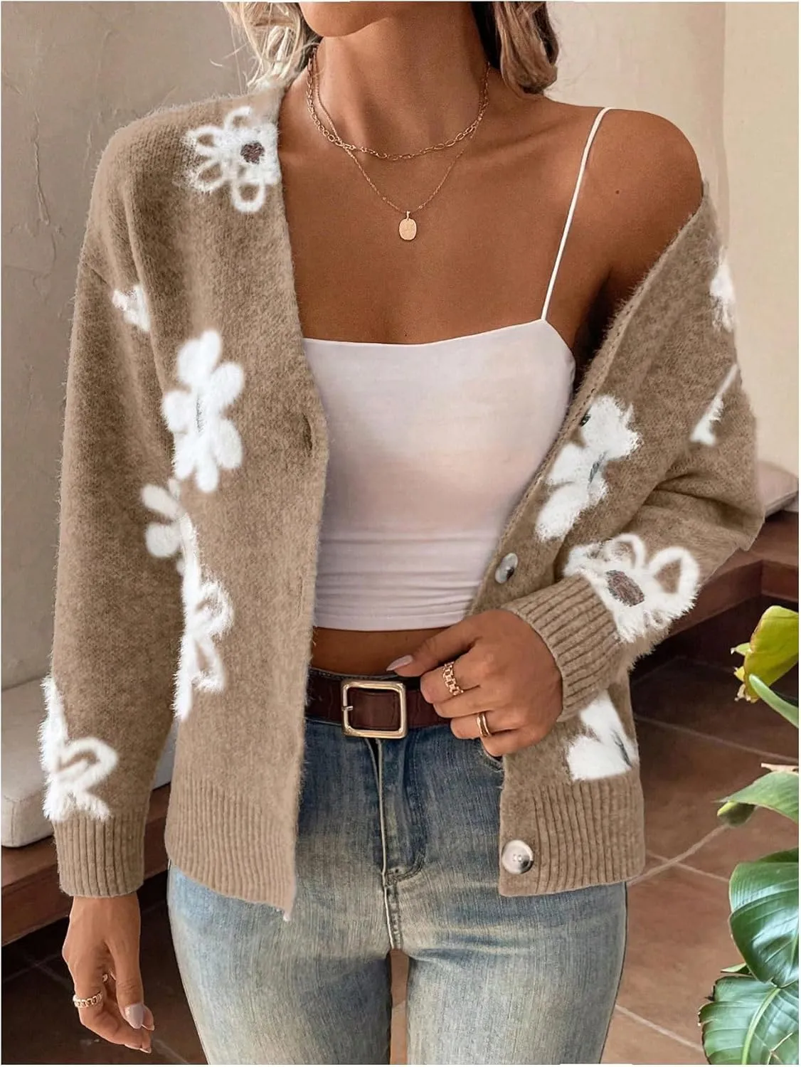 SHENHE Women's Floral Print Button Down Cardigan V Neck Drop Shoulder Knit Outerwear