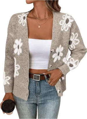 SHENHE Women's Floral Print Button Down Cardigan V Neck Drop Shoulder Knit Outerwear