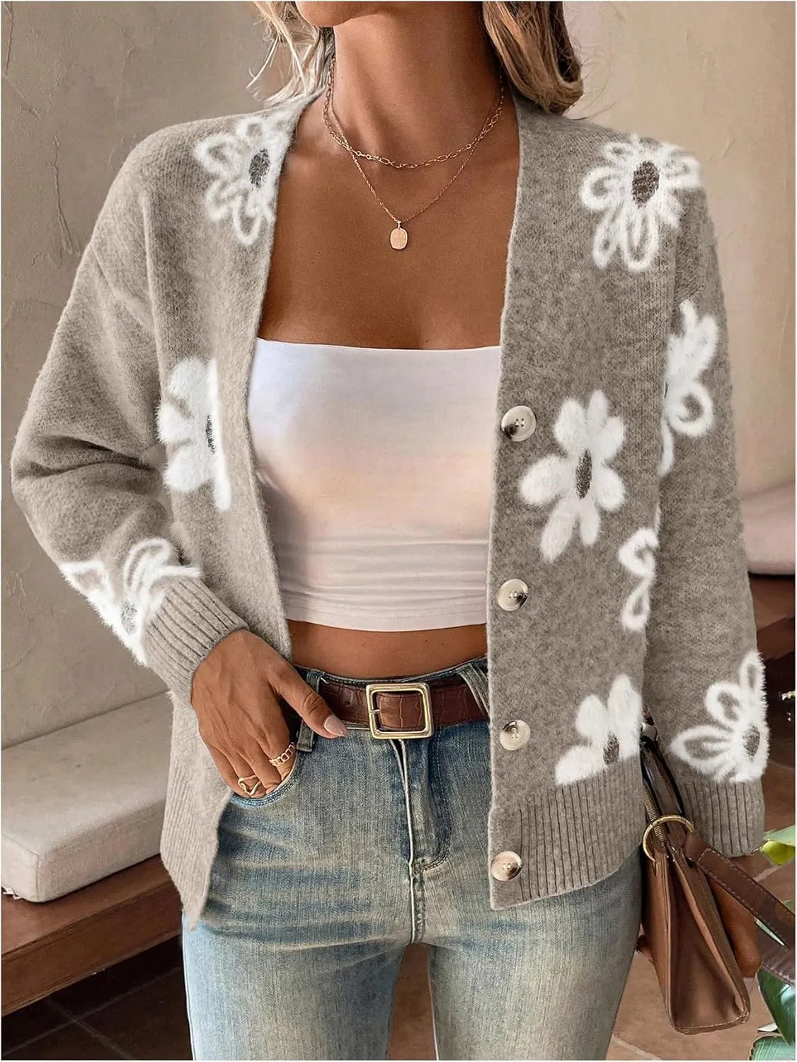 SHENHE Women's Floral Print Button Down Cardigan V Neck Drop Shoulder Knit Outerwear