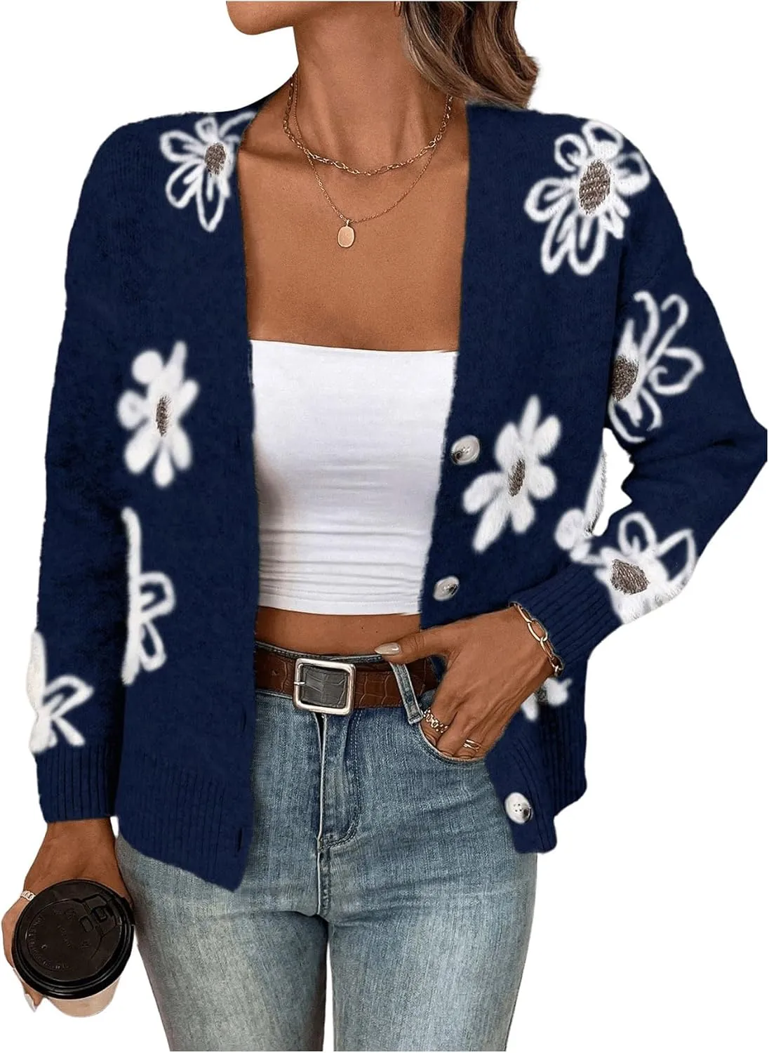SHENHE Women's Floral Print Button Down Cardigan V Neck Drop Shoulder Knit Outerwear