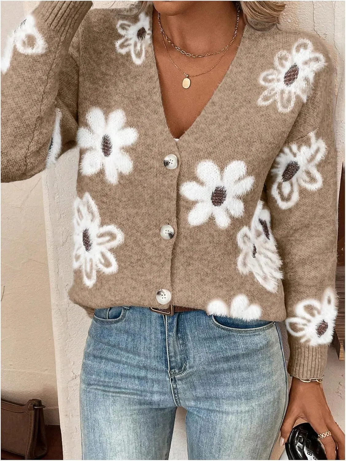 SHENHE Women's Floral Print Button Down Cardigan V Neck Drop Shoulder Knit Outerwear