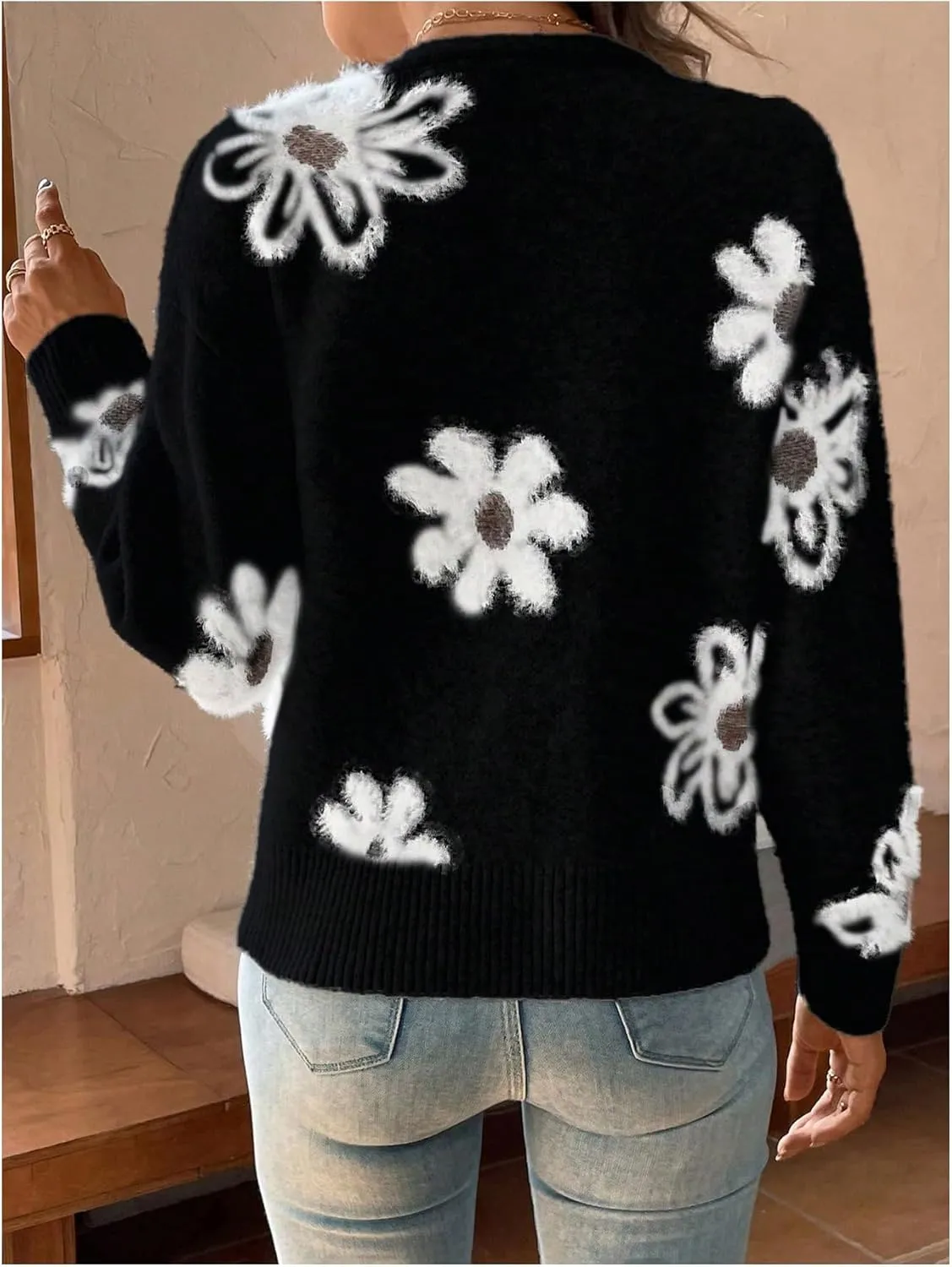 SHENHE Women's Floral Print Button Down Cardigan V Neck Drop Shoulder Knit Outerwear