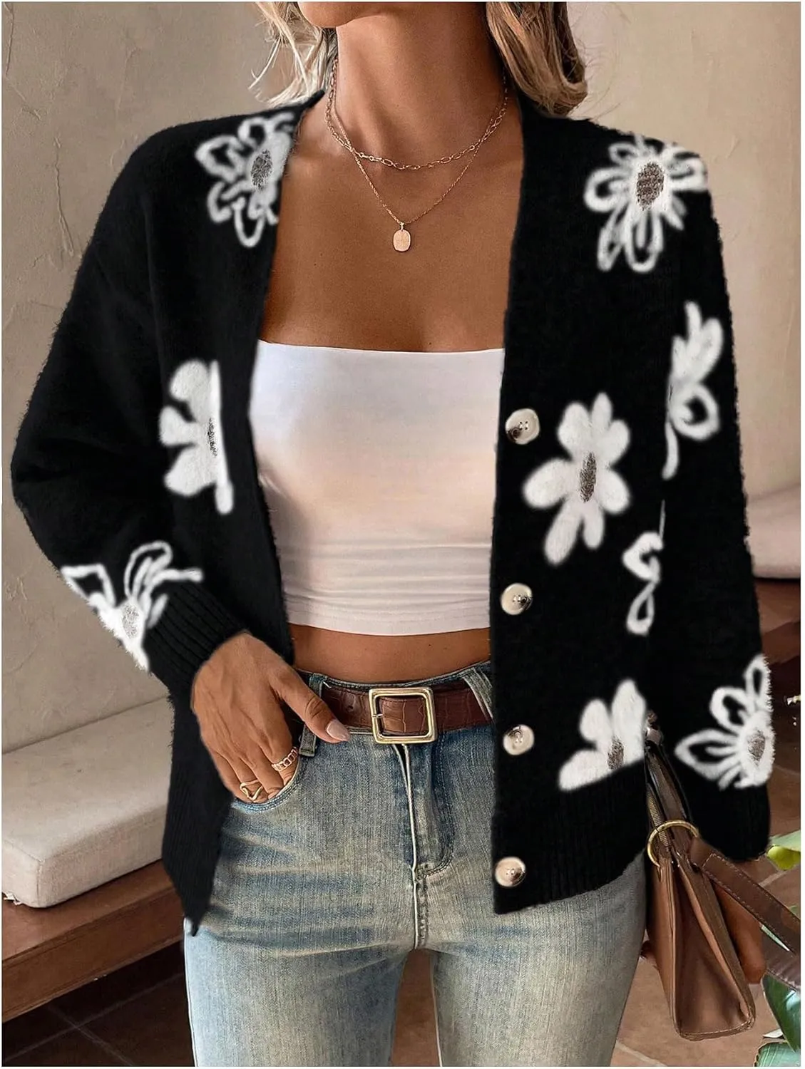 SHENHE Women's Floral Print Button Down Cardigan V Neck Drop Shoulder Knit Outerwear