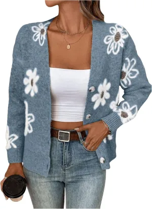 SHENHE Women's Floral Print Button Down Cardigan V Neck Drop Shoulder Knit Outerwear