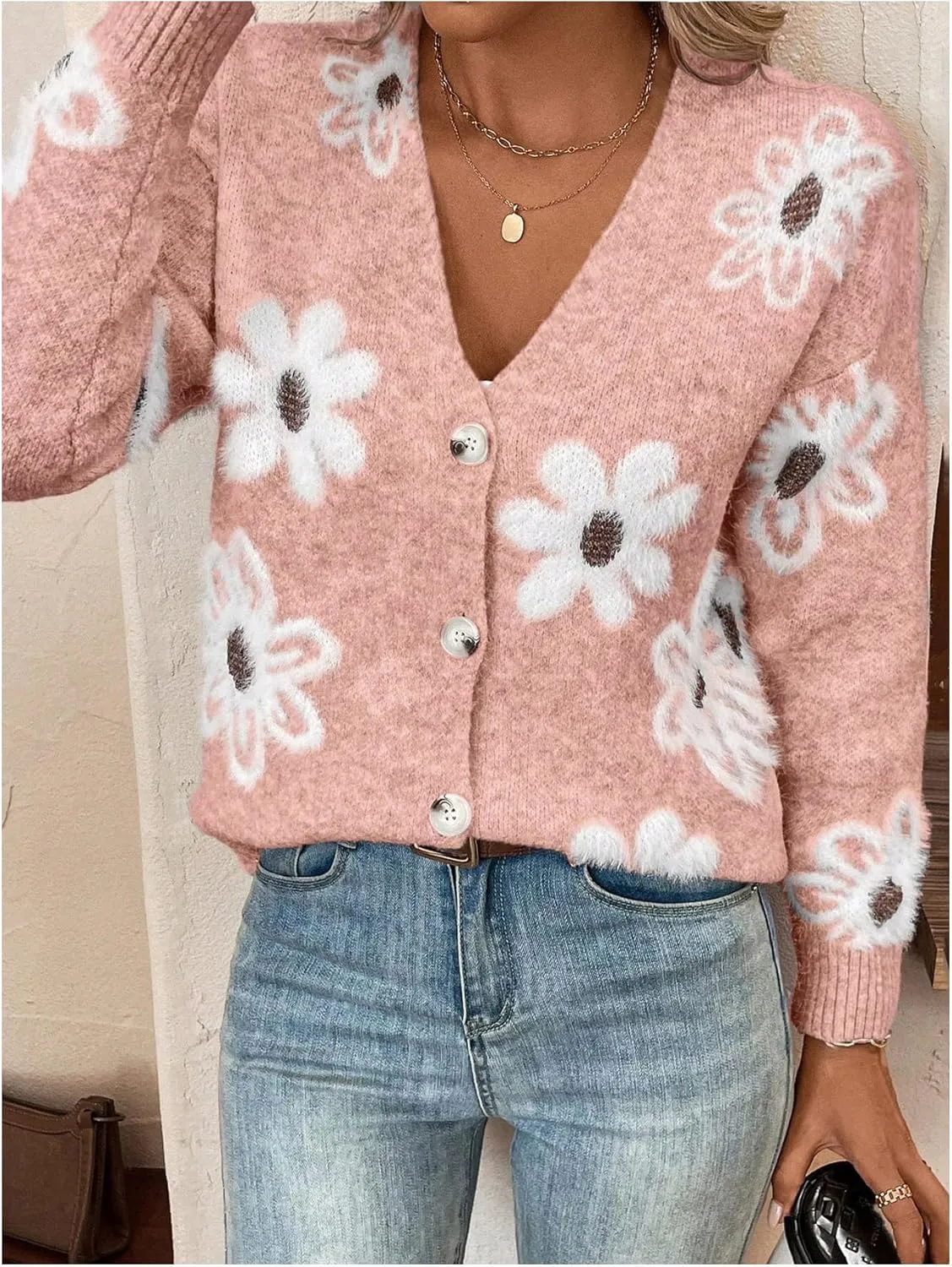 SHENHE Women's Floral Print Button Down Cardigan V Neck Drop Shoulder Knit Outerwear