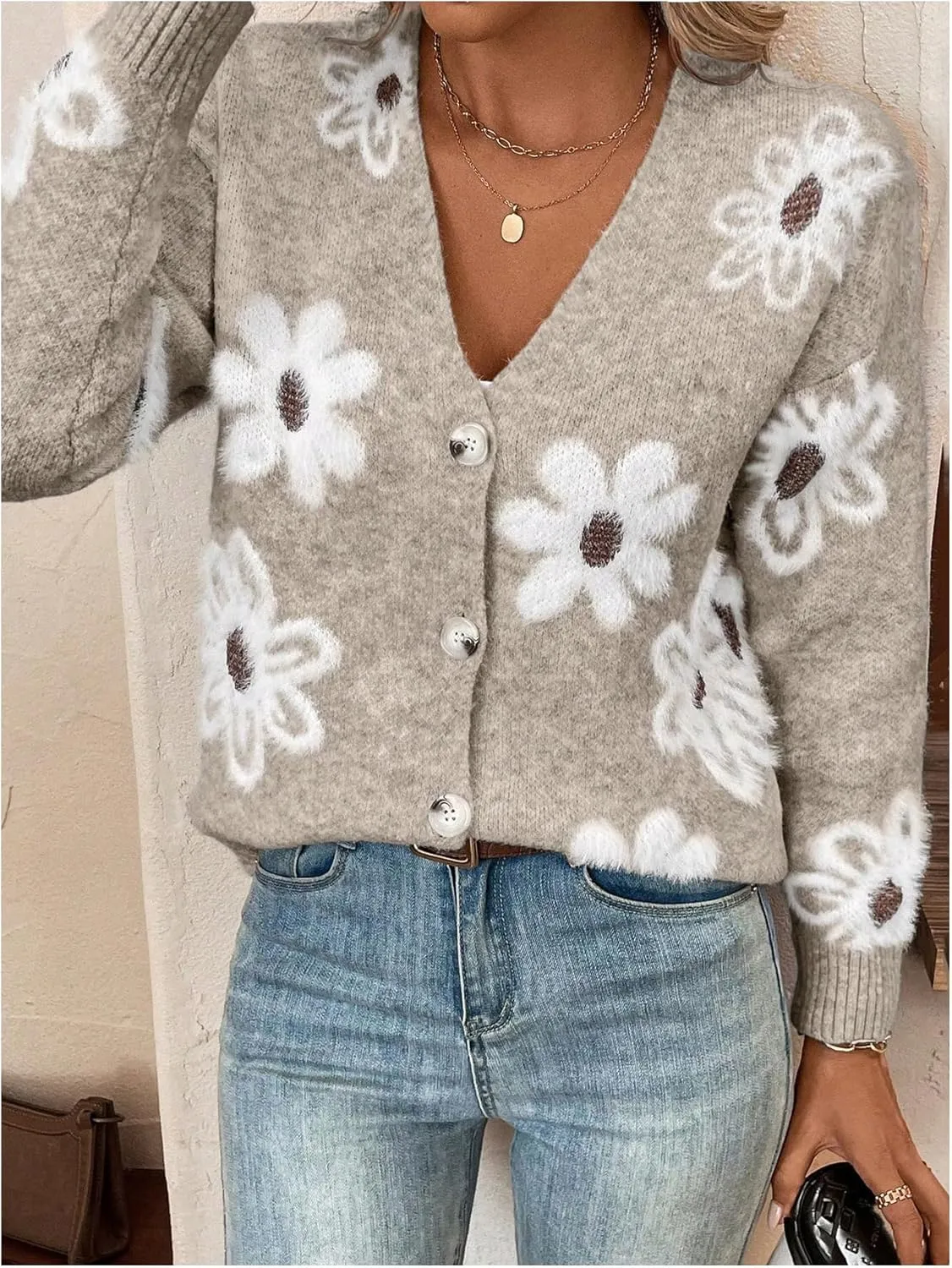 SHENHE Women's Floral Print Button Down Cardigan V Neck Drop Shoulder Knit Outerwear