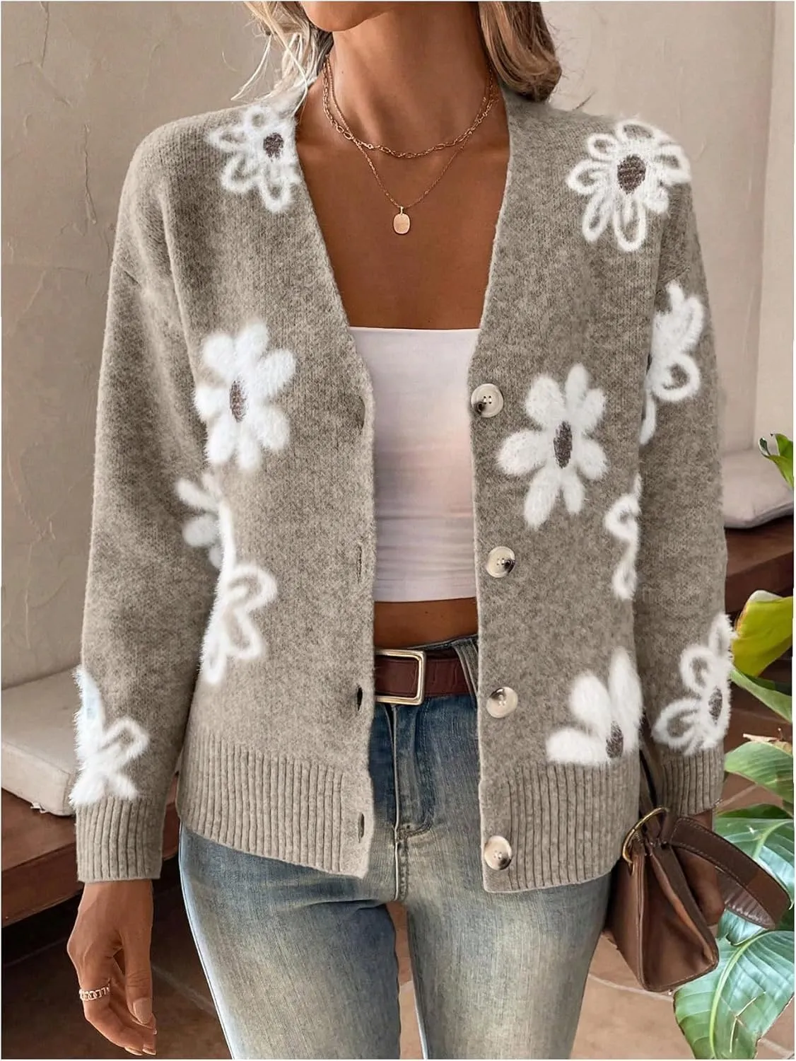 SHENHE Women's Floral Print Button Down Cardigan V Neck Drop Shoulder Knit Outerwear