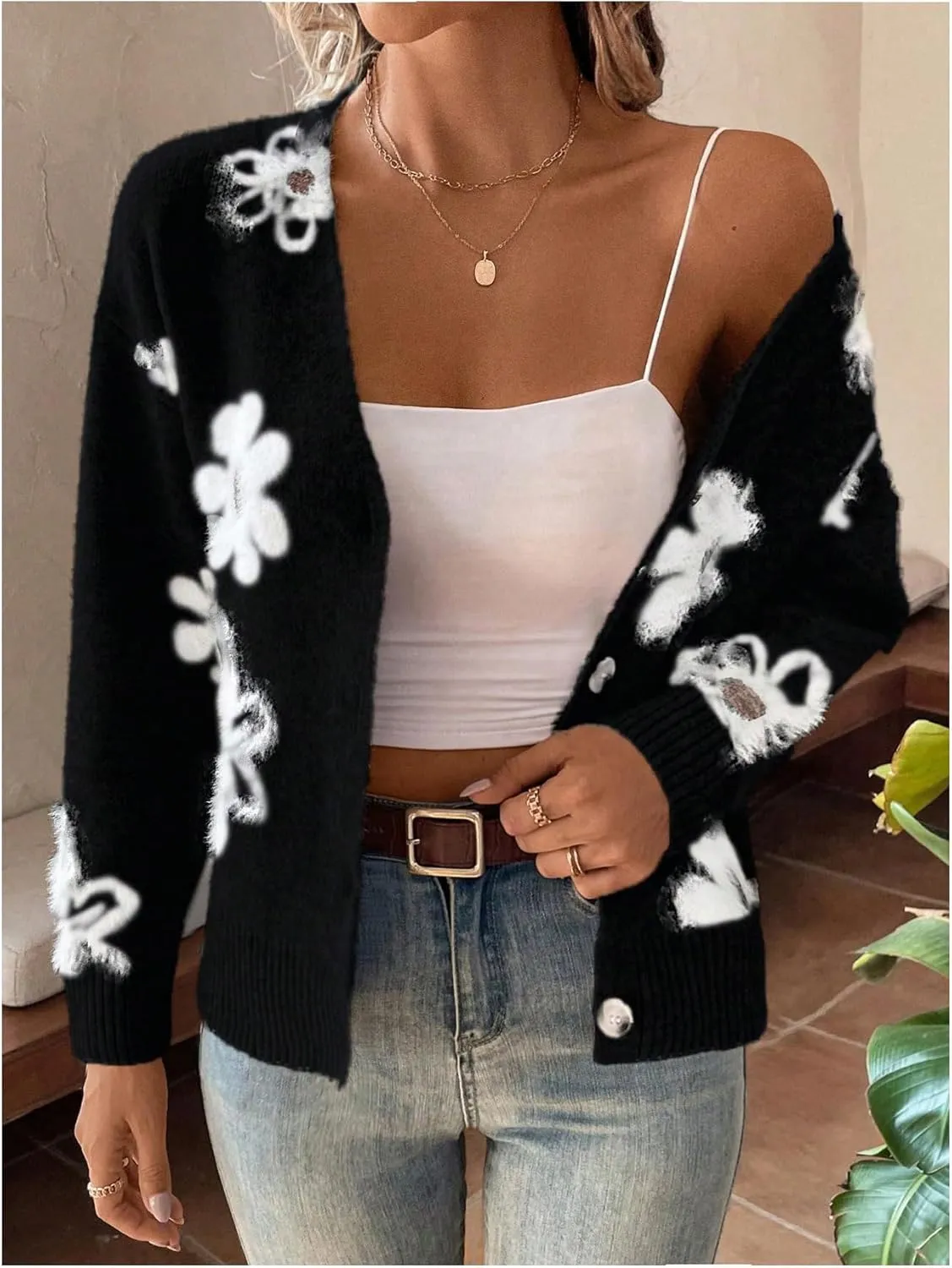 SHENHE Women's Floral Print Button Down Cardigan V Neck Drop Shoulder Knit Outerwear