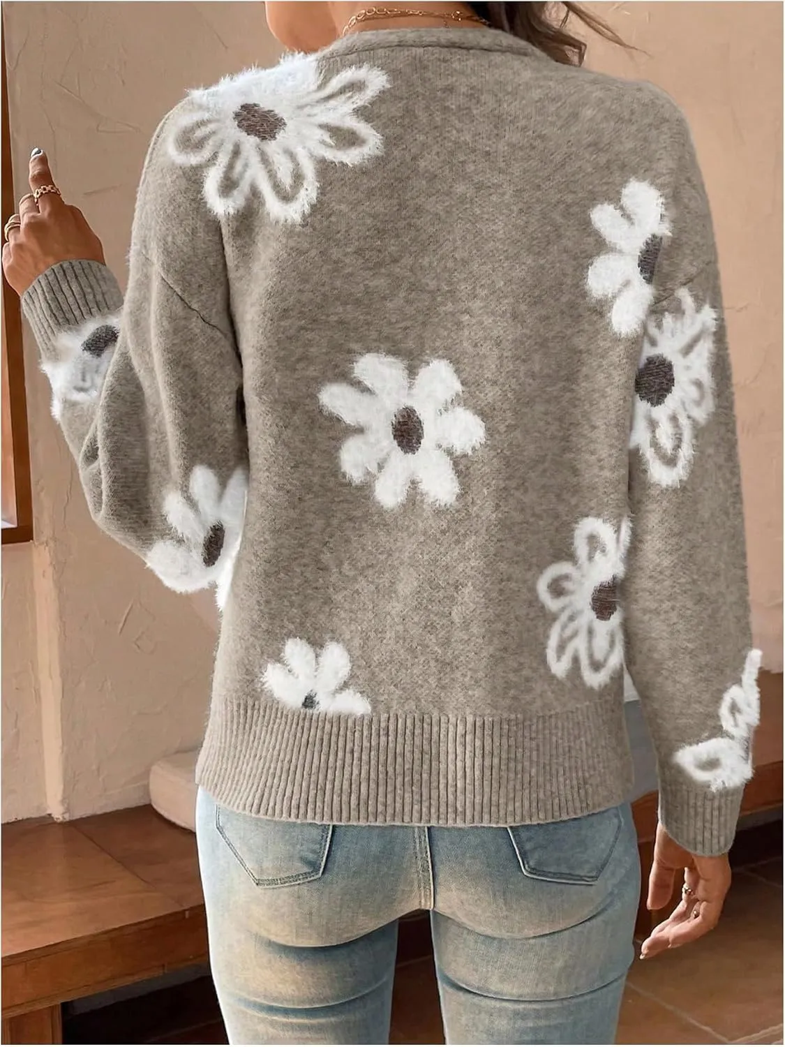 SHENHE Women's Floral Print Button Down Cardigan V Neck Drop Shoulder Knit Outerwear