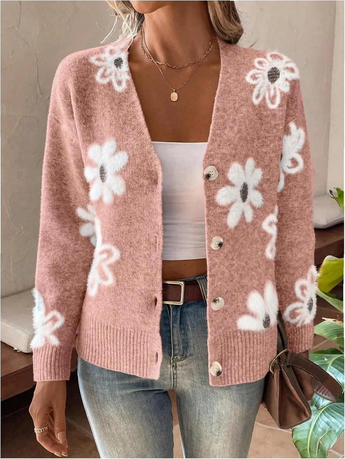 SHENHE Women's Floral Print Button Down Cardigan V Neck Drop Shoulder Knit Outerwear
