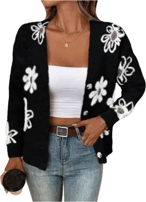 SHENHE Women's Floral Print Button Down Cardigan V Neck Drop Shoulder Knit Outerwear