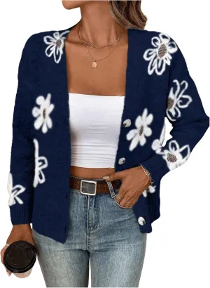 SHENHE Women's Floral Print Button Down Cardigan V Neck Drop Shoulder Knit Outerwear