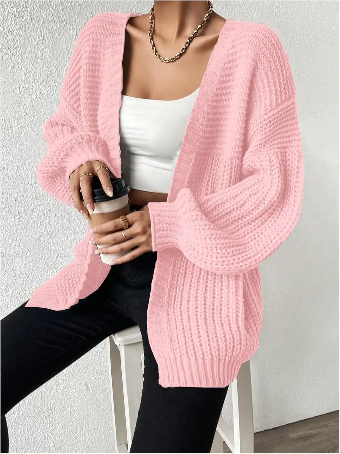 SHENHE Women's Open Front Casual Drop Shoulder Loose Long Cardigan Sweater Outerwear