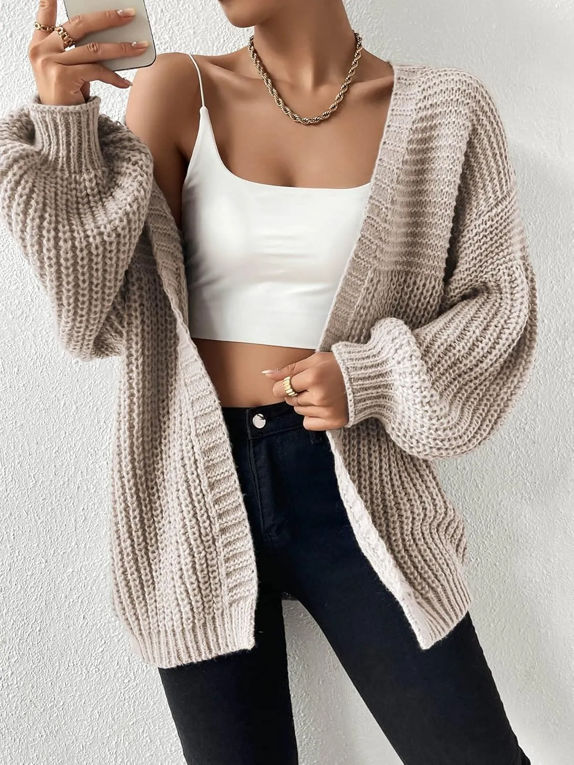 SHENHE Women's Open Front Casual Drop Shoulder Loose Long Cardigan Sweater Outerwear
