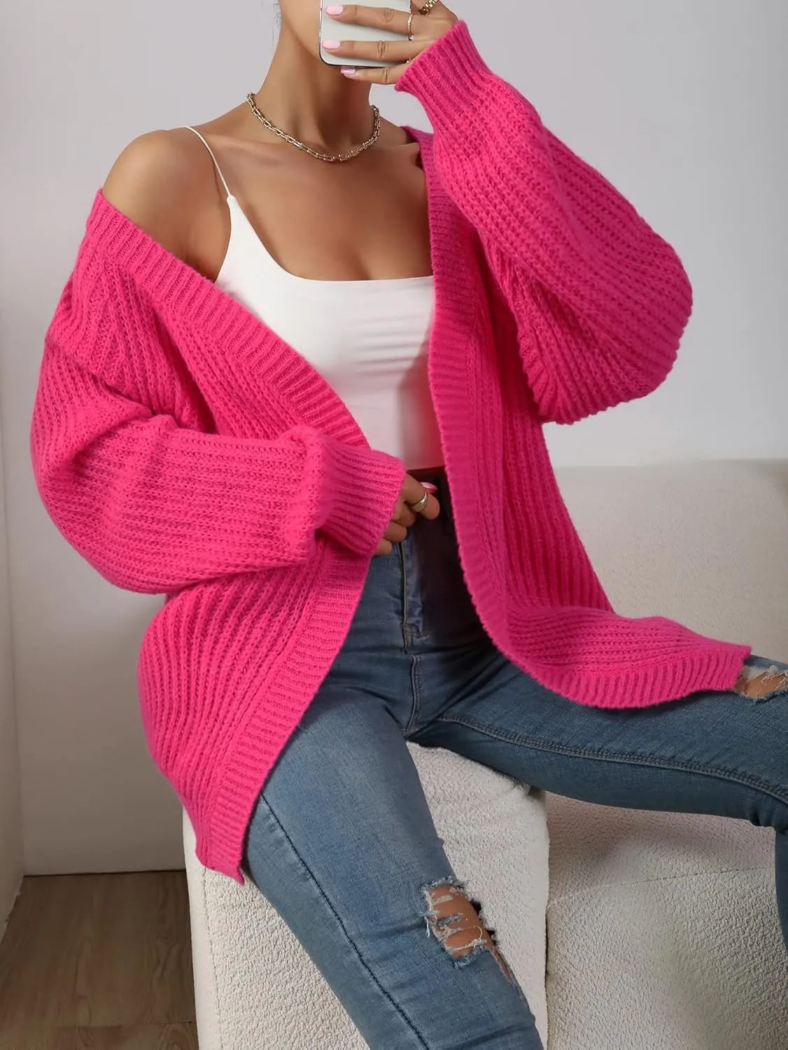 SHENHE Women's Open Front Casual Drop Shoulder Loose Long Cardigan Sweater Outerwear
