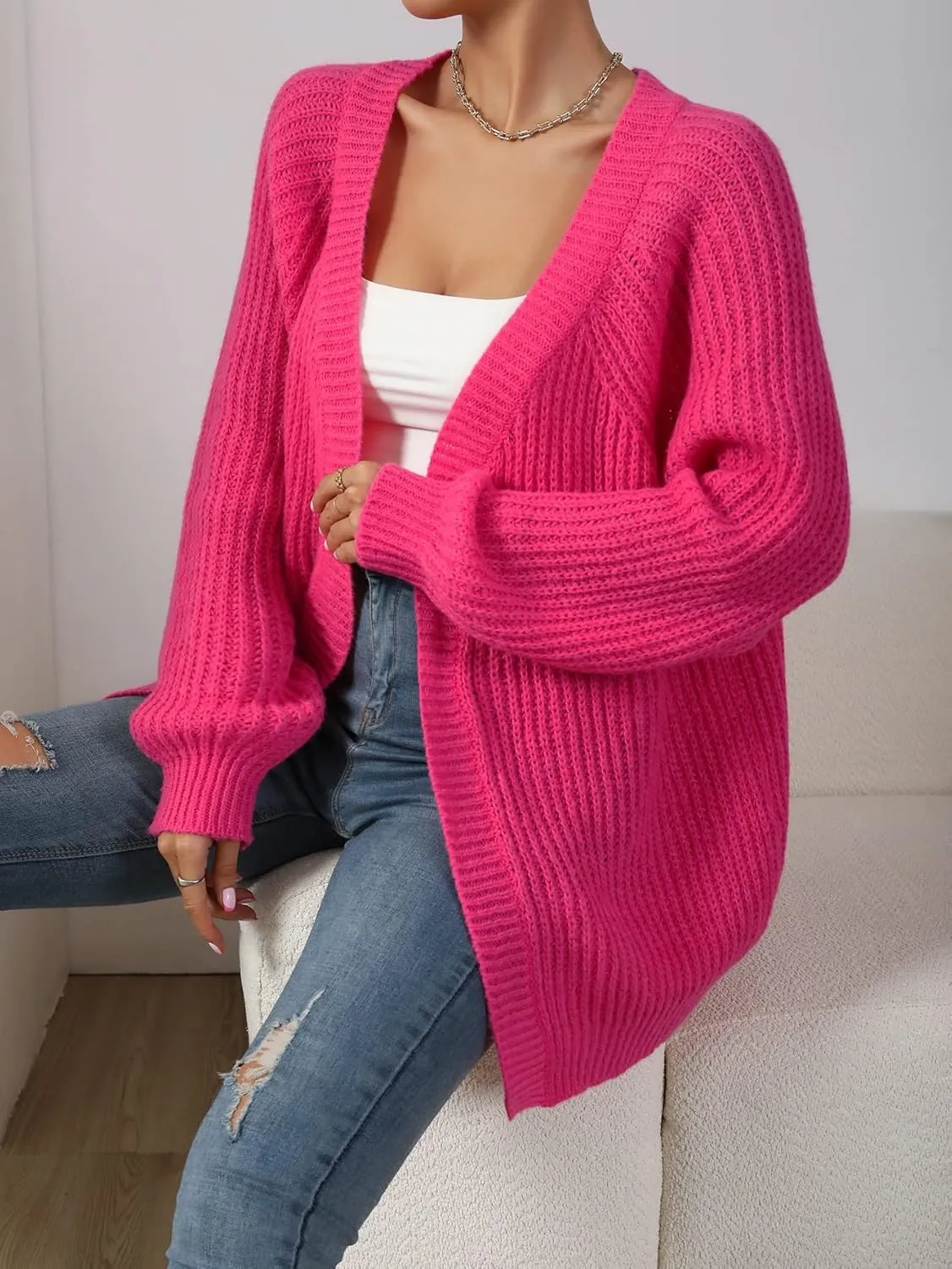 SHENHE Women's Open Front Casual Drop Shoulder Loose Long Cardigan Sweater Outerwear