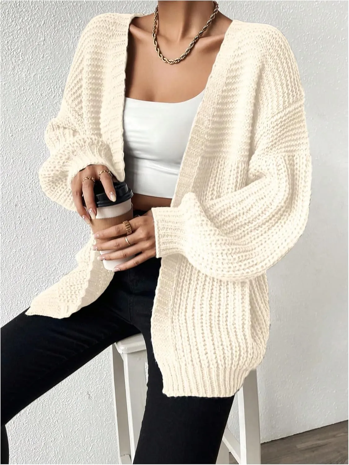 SHENHE Women's Open Front Casual Drop Shoulder Loose Long Cardigan Sweater Outerwear