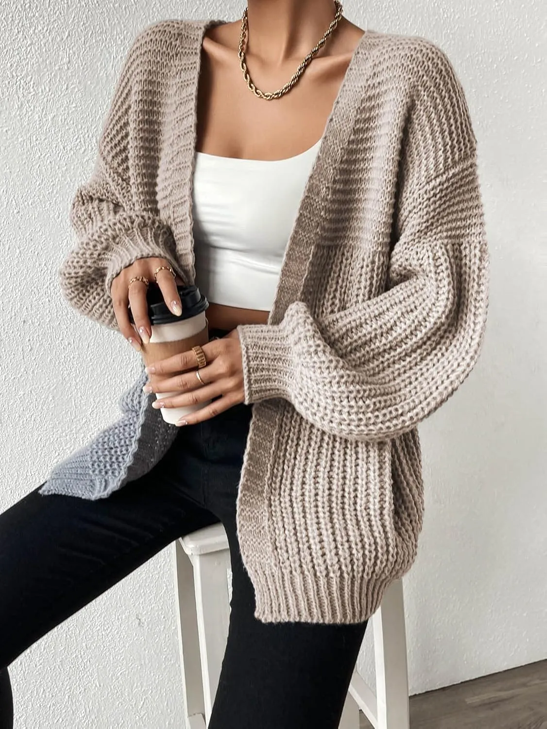 SHENHE Women's Open Front Casual Drop Shoulder Loose Long Cardigan Sweater Outerwear