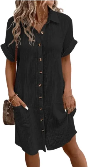 Shirt Dresses for Women Short Sleeve Button Down Dress Beach Cover Up Loose Casual Midi Dress with Pockets
