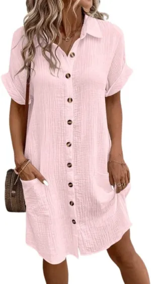 Shirt Dresses for Women Short Sleeve Button Down Dress Beach Cover Up Loose Casual Midi Dress with Pockets