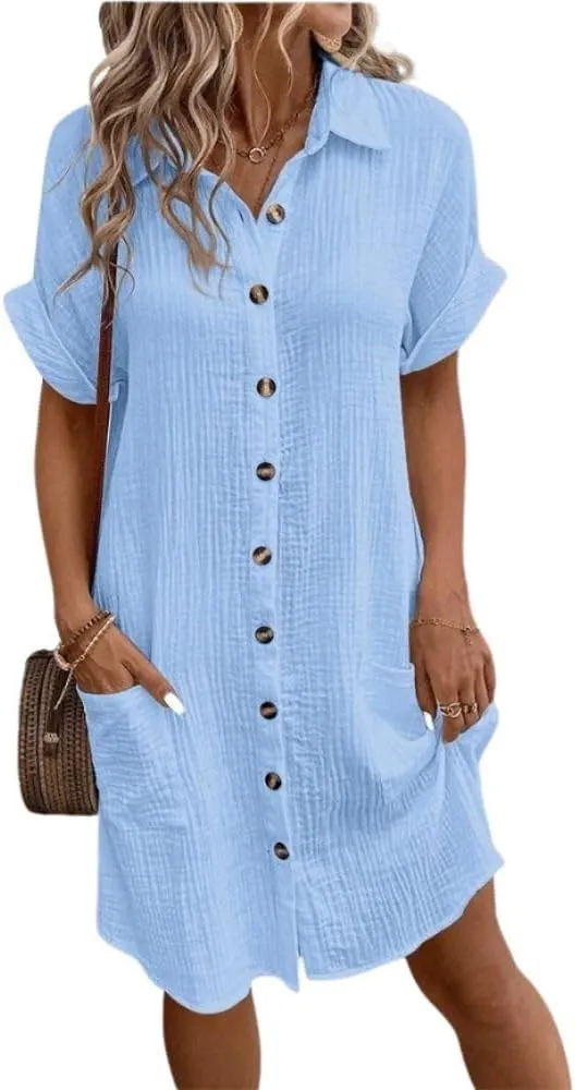 Shirt Dresses for Women Short Sleeve Button Down Dress Beach Cover Up Loose Casual Midi Dress with Pockets