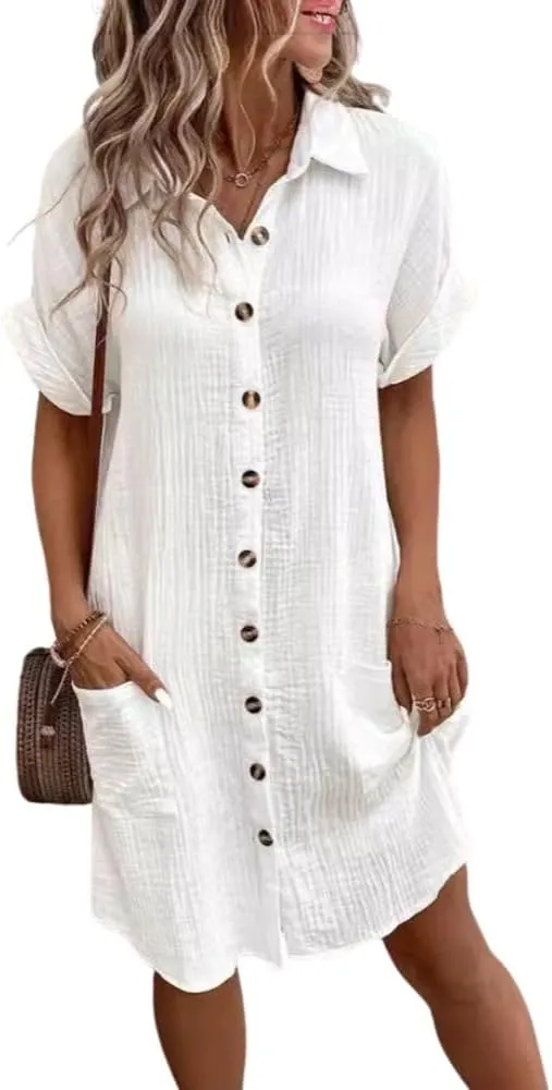 Shirt Dresses for Women Short Sleeve Button Down Dress Beach Cover Up Loose Casual Midi Dress with Pockets