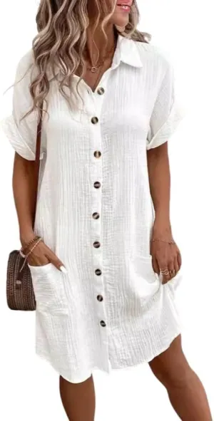Shirt Dresses for Women Short Sleeve Button Down Dress Beach Cover Up Loose Casual Midi Dress with Pockets
