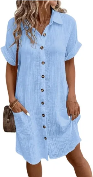 Shirt Dresses for Women Short Sleeve Button Down Dress Beach Cover Up Loose Casual Midi Dress with Pockets