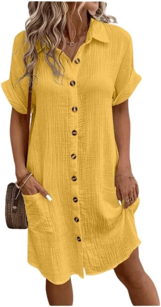 Shirt Dresses for Women Short Sleeve Button Down Dress Beach Cover Up Loose Casual Midi Dress with Pockets
