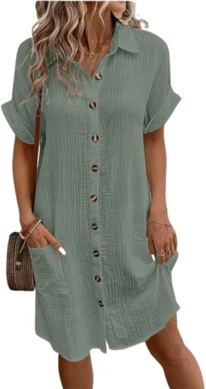 Shirt Dresses for Women Short Sleeve Button Down Dress Beach Cover Up Loose Casual Midi Dress with Pockets