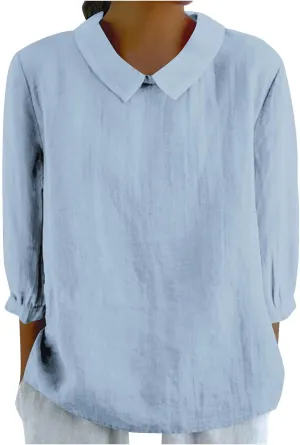 Shirts for Women Peter Pan Collar Neck 3/4 Sleeve Blouses Casual Loose Fit T Shirt Solid Color Plain Petite Tops