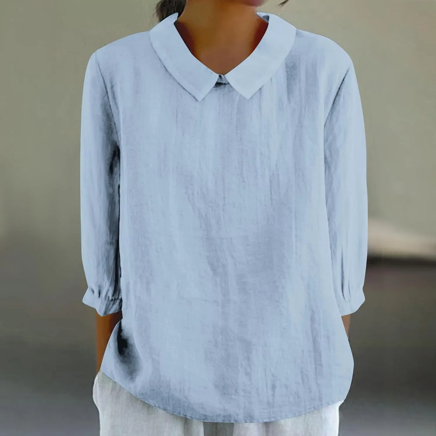 Shirts for Women Peter Pan Collar Neck 3/4 Sleeve Blouses Casual Loose Fit T Shirt Solid Color Plain Petite Tops