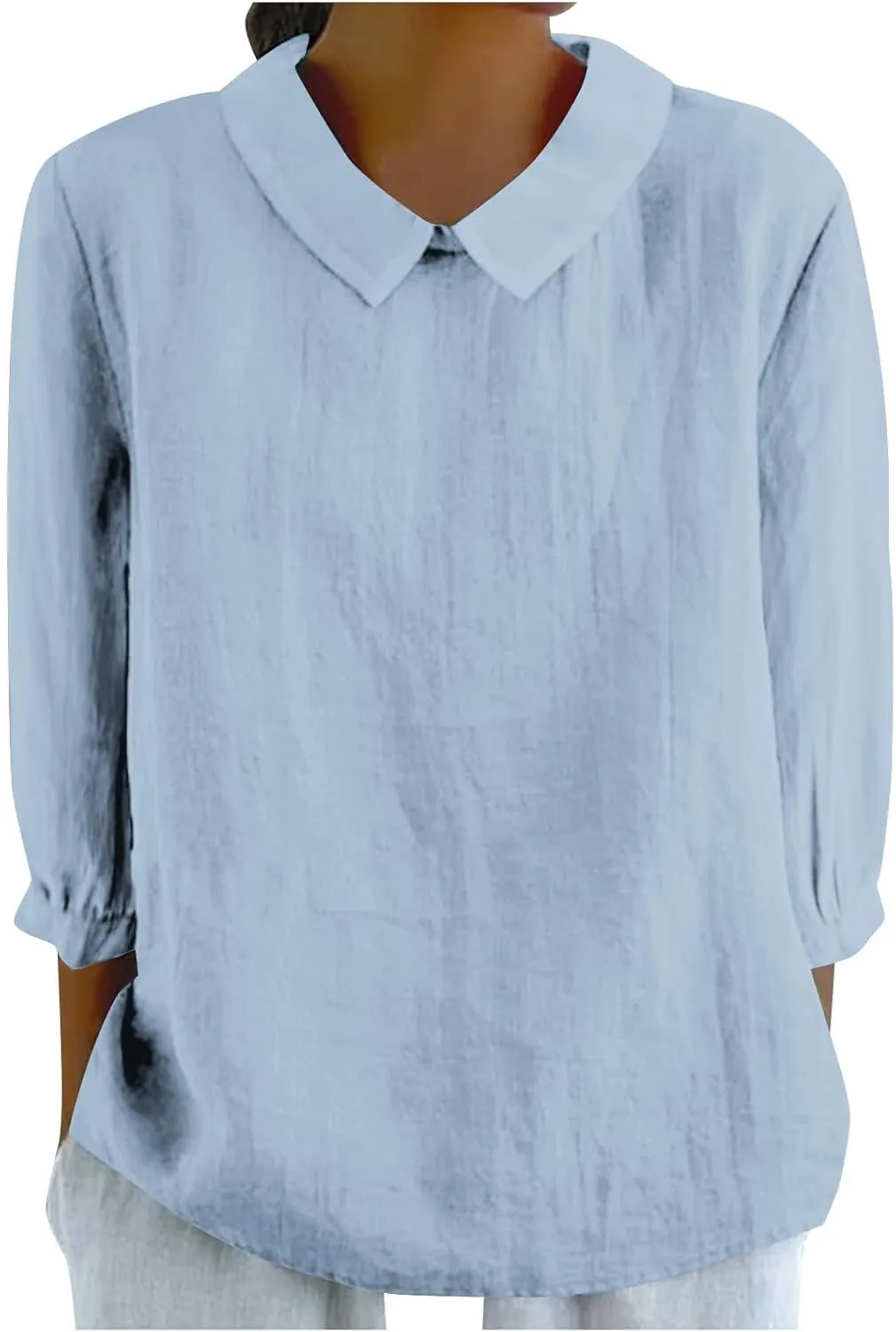 Shirts for Women Peter Pan Collar Neck 3/4 Sleeve Blouses Casual Loose Fit T Shirt Solid Color Plain Petite Tops
