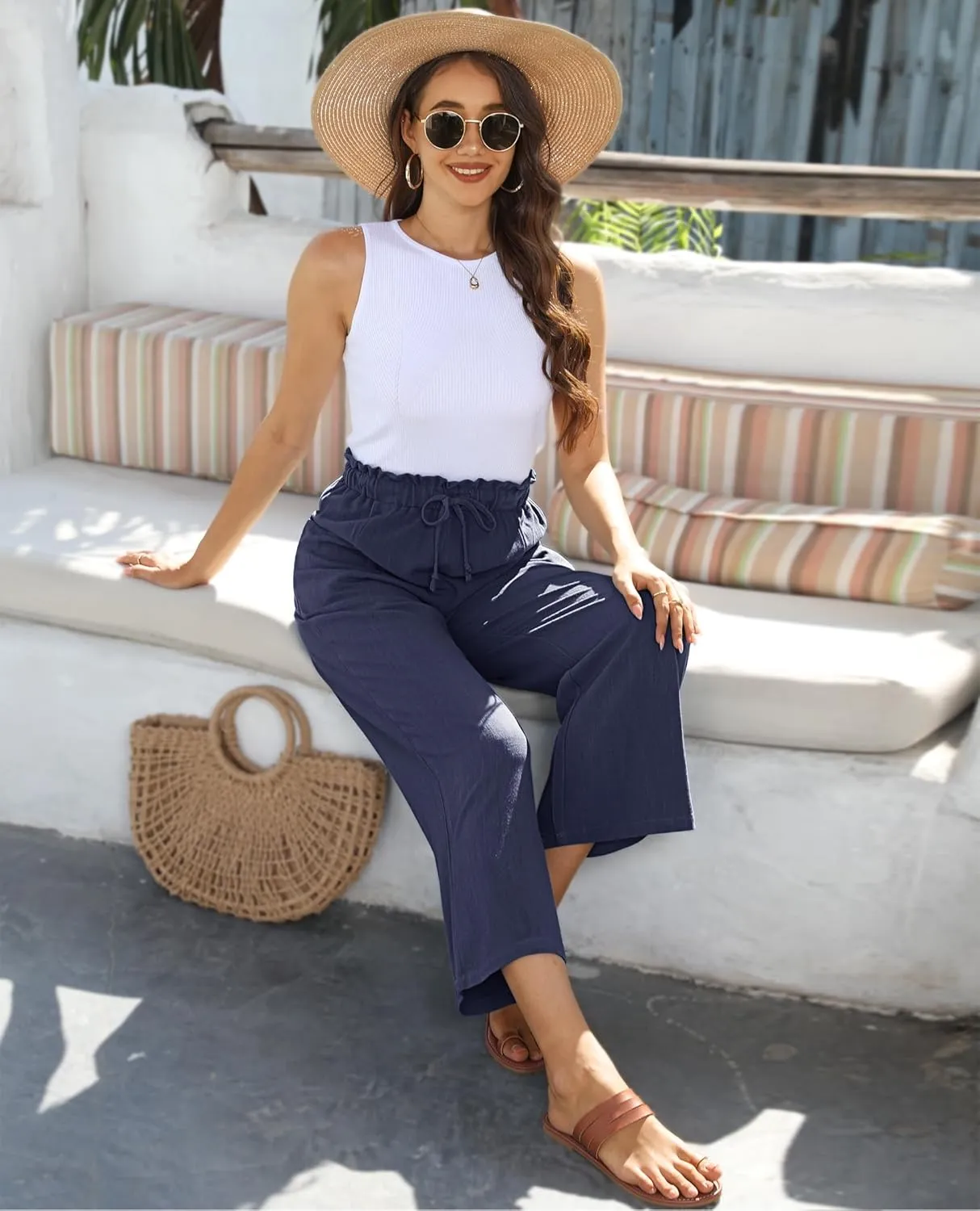siliteelon Wide Leg Linen Pants for Women Summer Capri Palazzo Flowy Pants Casual Loose High Waist Trousers with Pockets