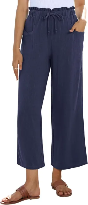 siliteelon Wide Leg Linen Pants for Women Summer Capri Palazzo Flowy Pants Casual Loose High Waist Trousers with Pockets