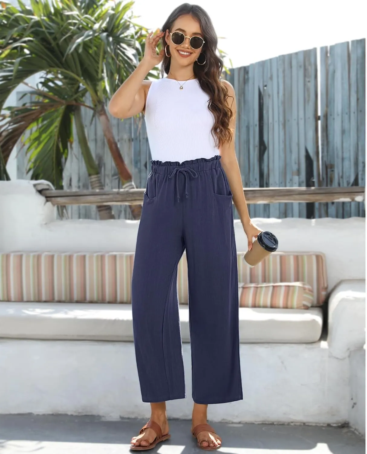 siliteelon Wide Leg Linen Pants for Women Summer Capri Palazzo Flowy Pants Casual Loose High Waist Trousers with Pockets