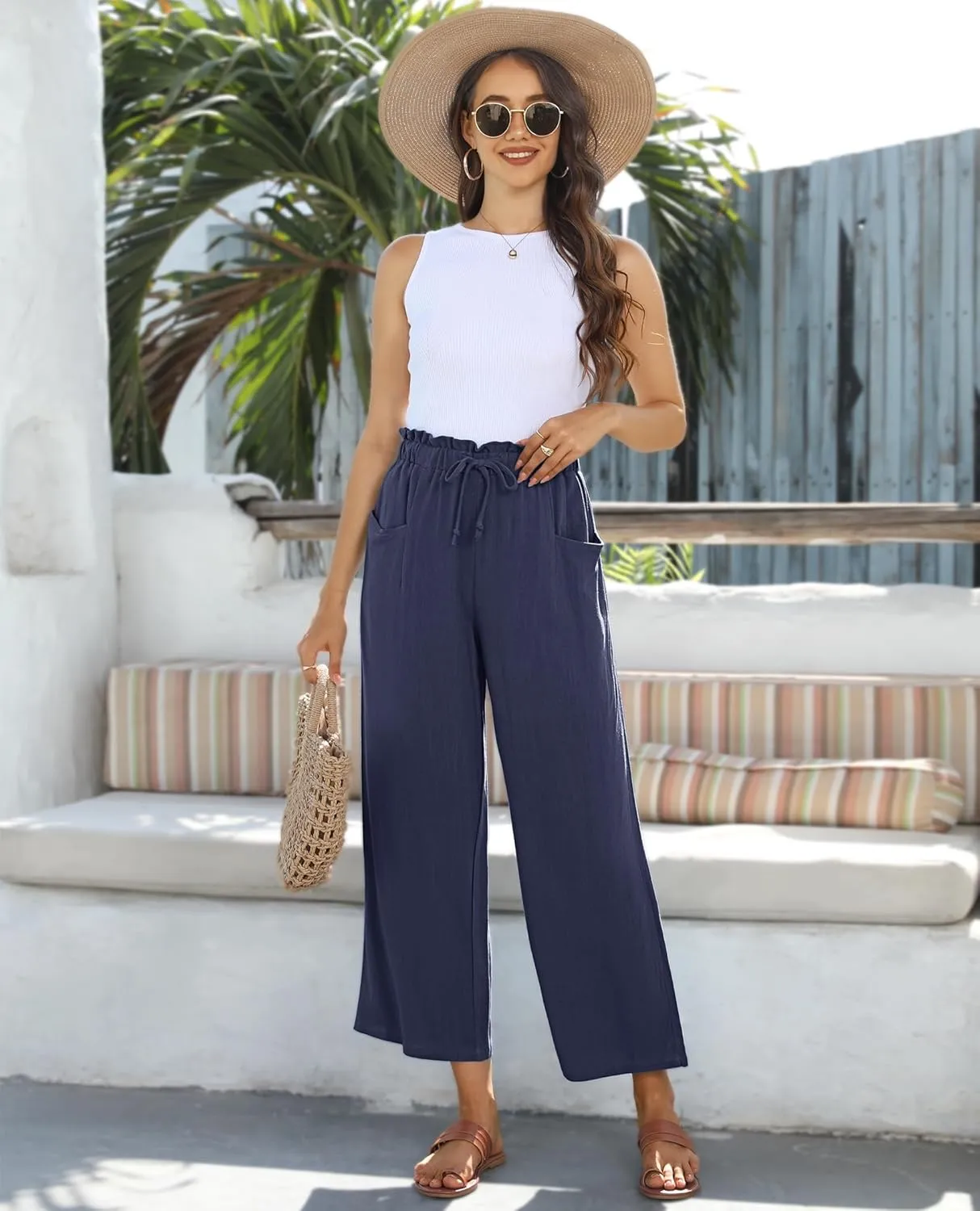 siliteelon Wide Leg Linen Pants for Women Summer Capri Palazzo Flowy Pants Casual Loose High Waist Trousers with Pockets