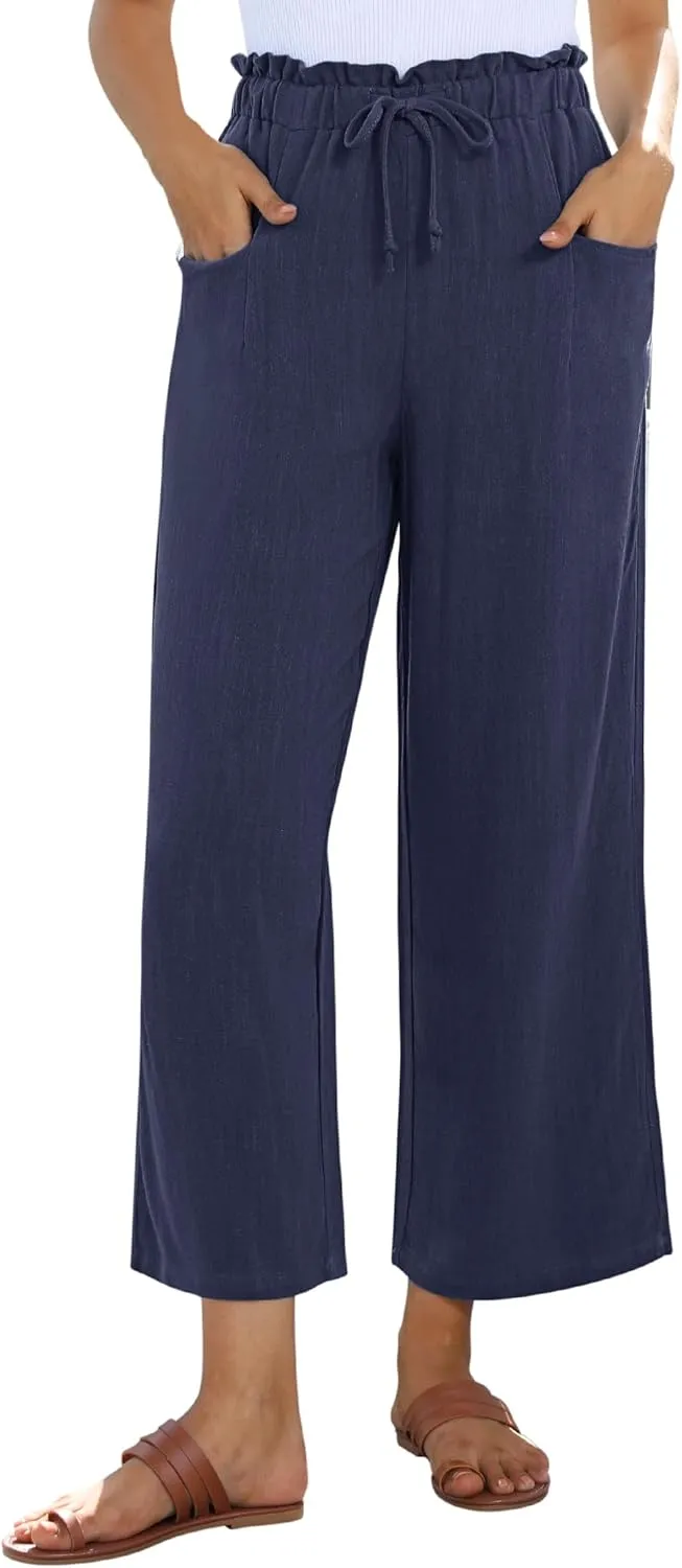 siliteelon Wide Leg Linen Pants for Women Summer Capri Palazzo Flowy Pants Casual Loose High Waist Trousers with Pockets